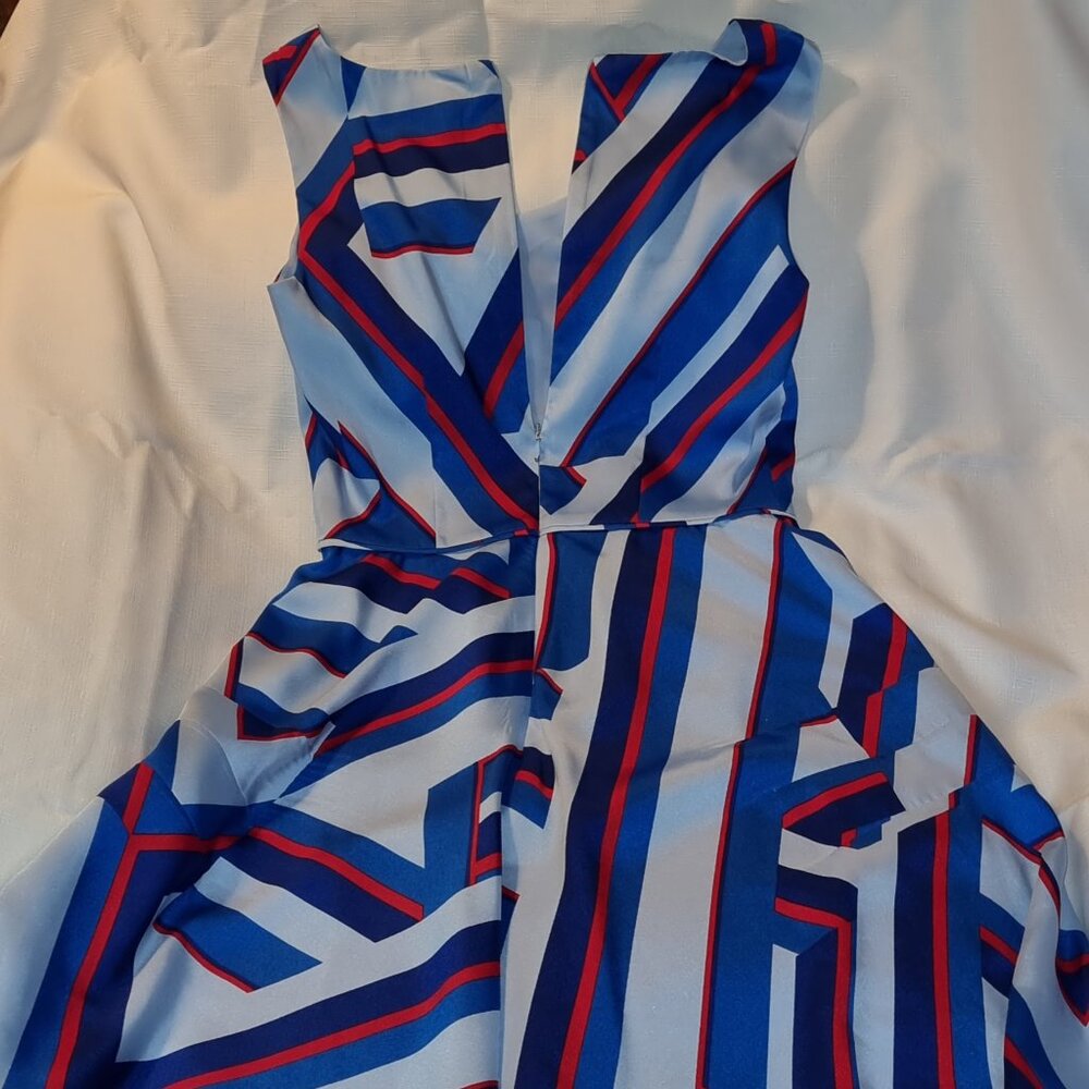 Cynthia Stefee white dress with blue, red, and navy blue stripe pattern